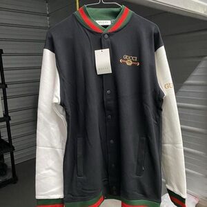 Black and White Bomber Jacket with Green and Red Accents